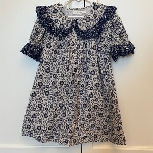 DÔEN Girls Navy and Cream Floral Lace-Trim Peter Pan Collar Dress. Size Y6.